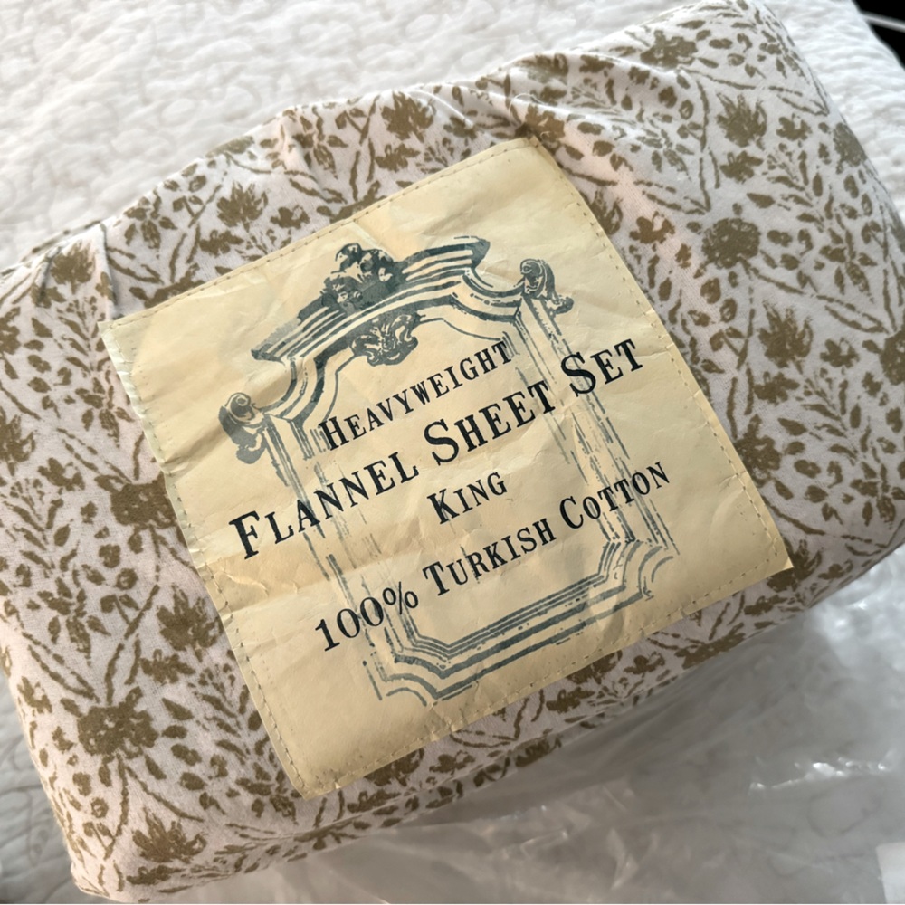 New- Patina Vie Turkish cotton king sheet set - gold/olive color, floral, boho